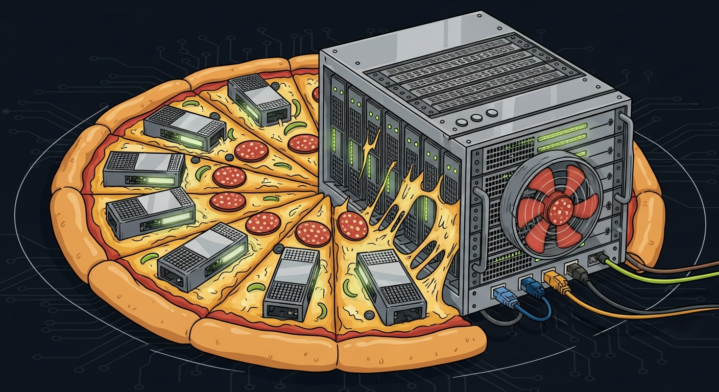 A pizza fused with a server rack � each slice is a glowing server blade